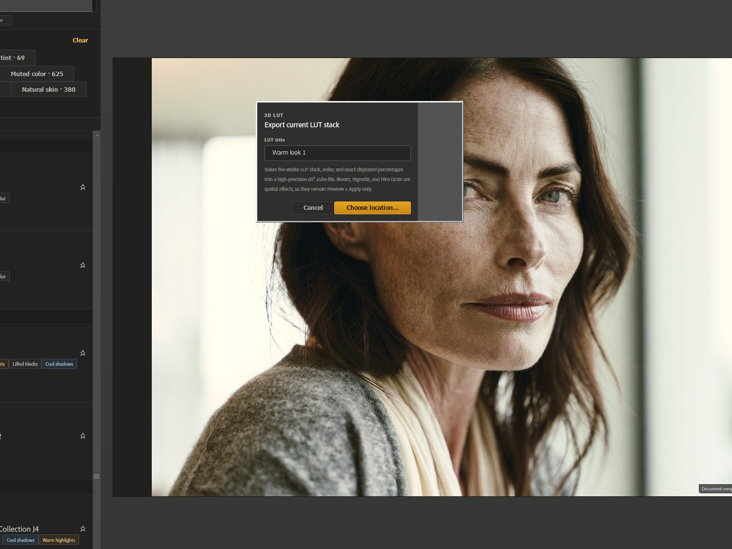 The LUTweave export panel in Photoshop preparing a .cube file from a stack of LUTs.