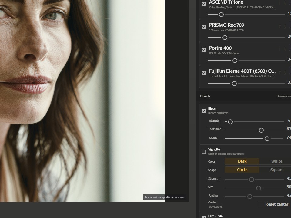 Bloom, vignette and film grain controls in the LUTweave panel.