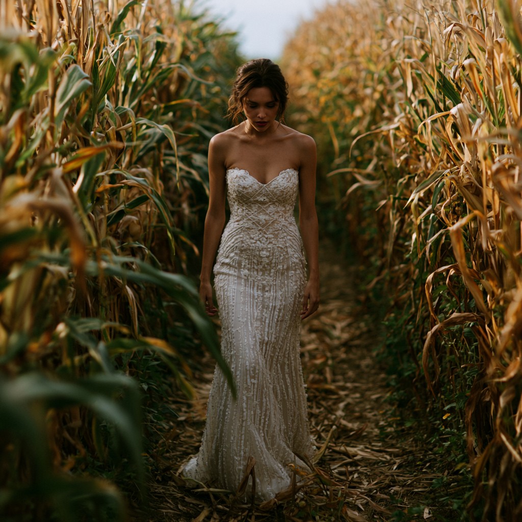 A bride in a beaded gown walking through a golden cornfield, finished with a LUTweave look combining eight LUTs into one export.