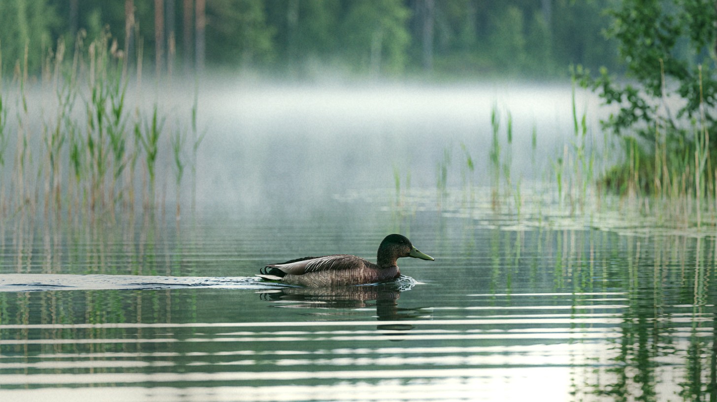 A duck swimming across a misty lake, finished with a LUTweave look shaped by Bloom, Vignette, and Film Grain.