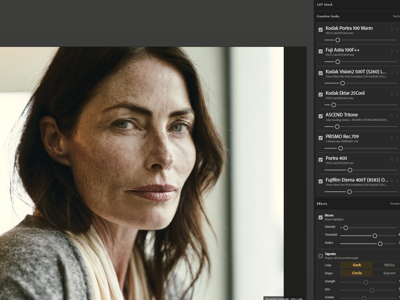 The LUTweave panel in Photoshop showing several LUT slots, each with its own strength slider.